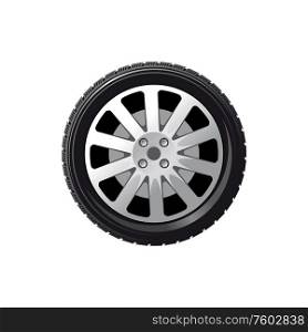 Car wheel isolated tire. Vector alloy disk, rubber tyre, back or front wheel. Alloy disk, car wheel tire isolated