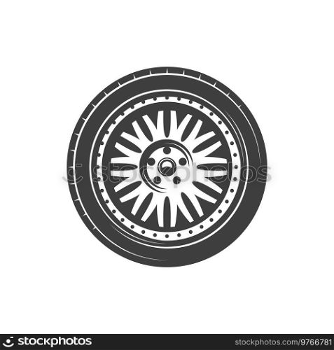Car wheel of tire and rim icon. Vector isolated vehicle alloy wheel. Car wheel, vehicle tire rim icon