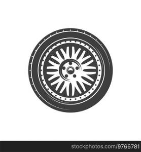 Car wheel of tire and rim icon. Vector isolated vehicle alloy wheel. Car wheel, vehicle tire rim icon