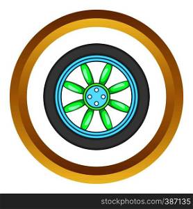 Car wheel vector icon in golden circle, cartoon style isolated on white background. Car wheel vector icon