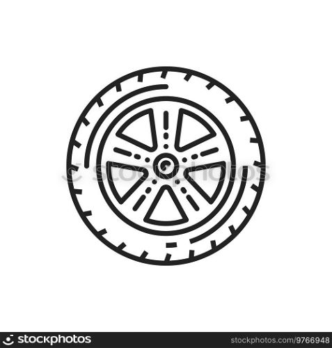 Car wheel vector thin line icon. Car tire and alloy rim auto service. Wheel tire and alloy rim line icon, car service