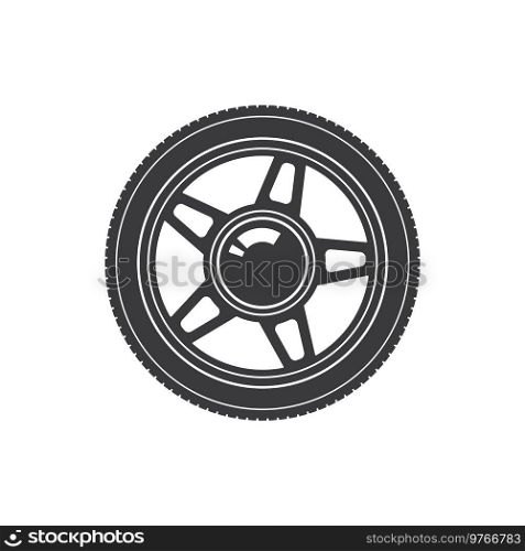 Car wheel with alloy disk isolated vehicle rim. Vector rubber tyre and auto disk. Tyre of vehicle with alloy disk isolated car rim