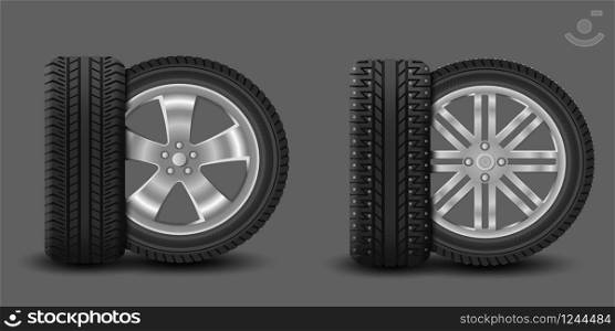 Car wheels with summer tire and winter tire with spikes