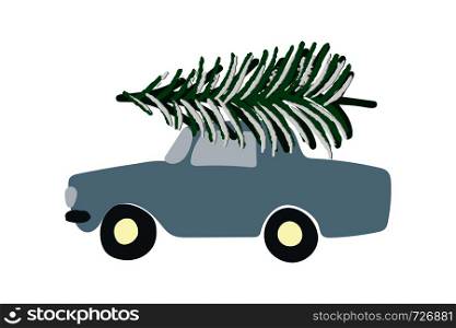 Car with big pine tree color illustration. Hand drawn clipart on white background. Flat style illustration. Greeting car. Car with big pine tree