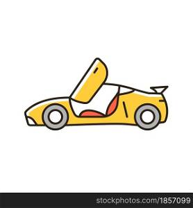 Car with butterfly doors RGB color icon. High-performance sports vehicle. Supercar modifications. Unique door design. Moving upward, outward. Isolated vector illustration. Simple filled line drawing. Car with butterfly doors RGB color icon