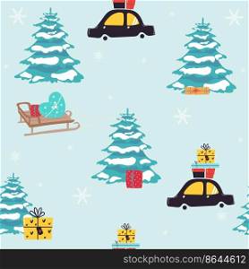 car with Christmas gifts vector seamless pattern. New Year decoration seamless texture. Textiles, wrapping paper, wallpaper design, packaging. Winter. Festive backdrop.. car with Christmas gifts vector seamless pattern. New Year decoration seamless texture. Textiles, wrapping paper, wallpaper design, packaging. Winter. Festive backdrop