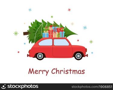 Car with Christmas tree and gift boxes. Automobile carrying special Xmas delivery. Festive holiday greeting card, postcard design element. Vector illustration in flat style. Car with Christmas tree