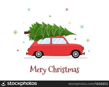 Car with Christmas tree. Automobile carrying special Xmas delivery. Festive holiday greeting card, postcard design element. Vector illustration in flat style. Car with Christmas tree