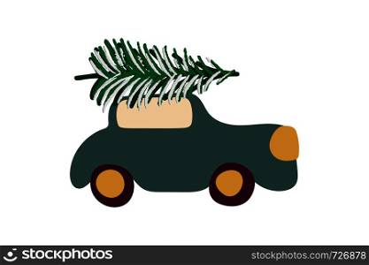 Car with Christmas tree color illustration. White background. Flat style illustration. Greeting card, poster, banner, design element. . Car with Christmas tree