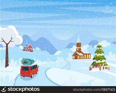 Car with christmas tree on the road. Christmas landscape background with snow and tree. Merry christmas holiday. New year and xmas celebration. Vector illustration in flat style. Car on the road. Cute winter landscape