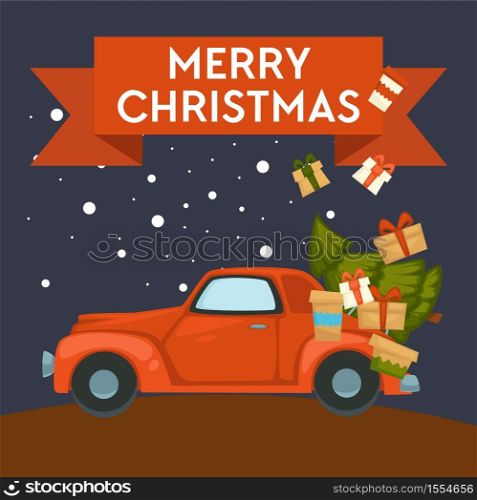 Car with gifts and Xmas tree Merry Christmas greeting card vector presents heap in trunk vehicle boxes in wrapping paper with bow winter holiday postcard or banner fir or spruce event celebration.. Merry Christmas greeting card presents and Xmas tree in trunk