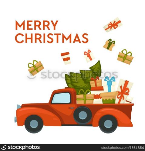 Car with gifts and Xmas tree Merry Christmas postcard vector presents bunch in trunk pick-up vehicle boxes in wrapping paper with bow winter holiday greeting banner fir or spruce event celebration.. Merry Christmas postcard car with gifts and Xmas tree