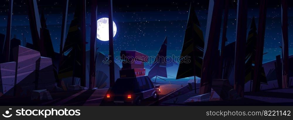 Car with luggage on roof on road at night. Vector cartoon landscape with coniferous forest, highway, mountains, moon and stars on sky. Concept of auto trip, journey and travel. Car with luggage on roof on road at night