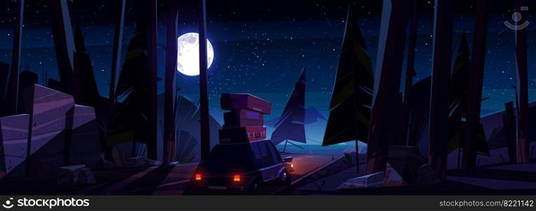 Car with luggage on roof on road at night. Vector cartoon landscape with coniferous forest, highway, mountains, moon and stars on sky. Concept of auto trip, journey and travel. Car with luggage on roof on road at night