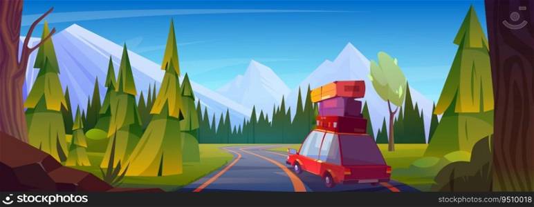 Car with luggage on top driving forest highway toward mountains. Vector cartoon illustration of red auto with suitcases on cabin, beautiful scenery with fir trees along road, family travel on vacation. Car with luggage on top driving forest highway