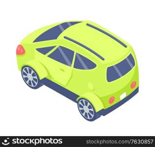Car with ordinary design, isolated 3d green car ecological way of transportation, isometric transport, eco transport etransport of future. contemporary auto. Vector illustration in flat cartoon style. Ecologically Friendly Transport, Isolated Car