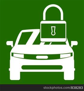 Car with padlock icon white isolated on green background. Vector illustration. Car with padlock icon green