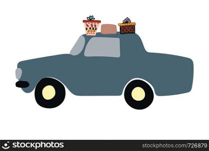 Car with presents color illustration. Hand drawn clipart on white background. Flat style illustration. Greeting card, poster, banner, design element. . Car with presents