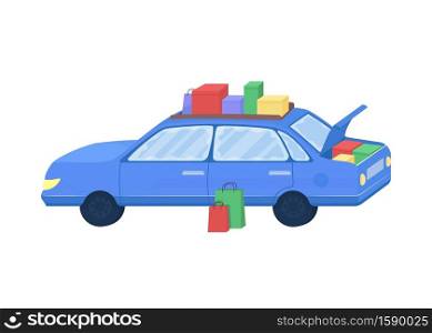 Car with purchased goods flat color vector object. Auto with bags from seasonal sale. Automobile for family shopping isolated cartoon illustration for web graphic design and animation. Car with purchased goods flat color vector object