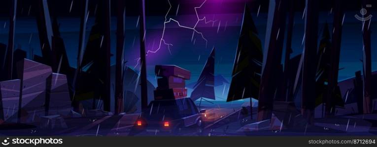 Car with suitcases on roof drive on road in rain at night. Forest landscape with coniferous trees, highway with auto with luggage and lightning in sky, vector cartoon illustration. Car drive on road in rain at night