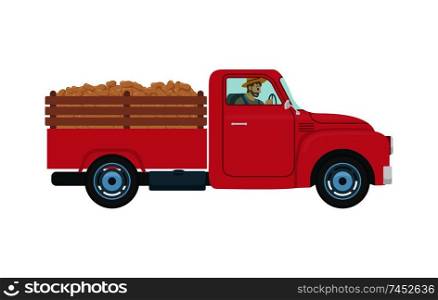 Car with trailer and cargo icon vector. Person driving farming vehicles for transportation and hauling production. Machinery and farmer in transport. Car with Trailer and Cargo Vector Illustration