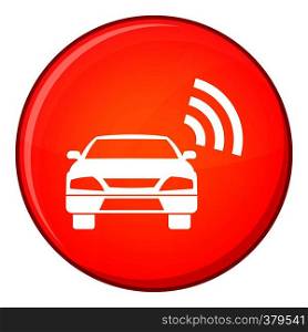Car with wifi sign icon in red circle isolated on white background vector illustration. Car with wifi sign icon, flat style
