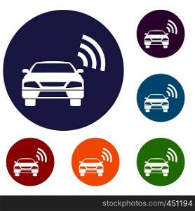 Car with wifi sign icons set in flat circle reb, blue and green color for web. Car with wifi sign icons set