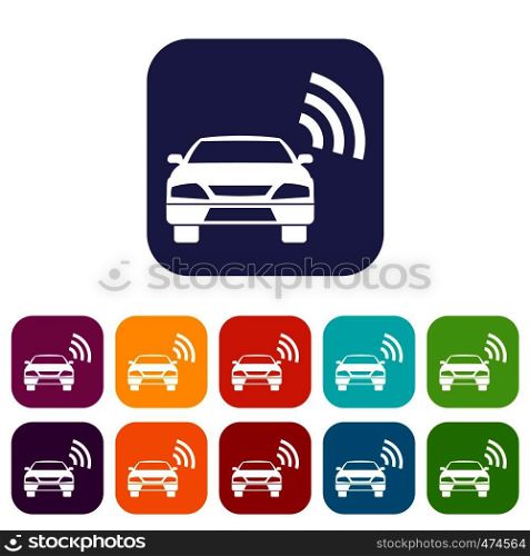 Car with wifi sign icons set vector illustration in flat style In colors red, blue, green and other. Car with wifi sign icons set