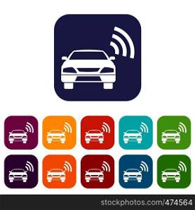 Car with wifi sign icons set vector illustration in flat style In colors red, blue, green and other. Car with wifi sign icons set