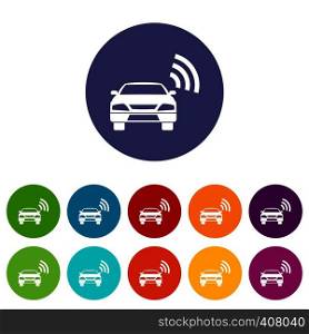 Car with wifi sign set icons in different colors isolated on white background. Car with wifi sign set icons