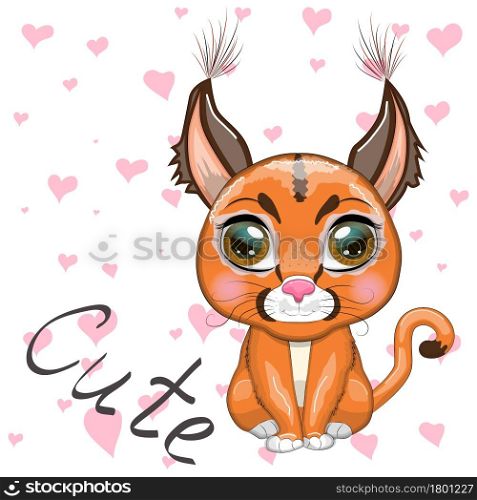 Caracal steppe lynx with beautiful eyes in cartoon style, colorful illustration for children. Caracal cat with characteristic ears, spots and color. Caracal steppe lynx with beautiful eyes in cartoon style, colorful illustration for children. Caracal cat with characteristic ears, spots