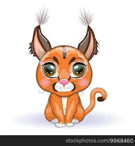 Caracal steppe lynx with beautiful eyes in cartoon style, colorful illustration for children. Caracal cat with characteristic ears, spots and color. Caracal steppe lynx with beautiful eyes in cartoon style, colorful illustration for children. Caracal cat with characteristic ears, spots