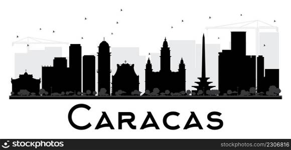 Caracas City skyline black and white silhouette. Vector illustration. Simple flat concept for tourism presentation, banner, placard or web site. Cityscape with landmarks
