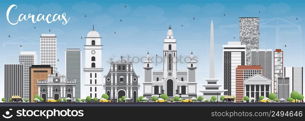Caracas Skyline with Gray Buildings and Blue Sky. Vector Illustration. Business Travel and Tourism Concept with Historic Buildings. Image for Presentation Banner Placard and Web Site.