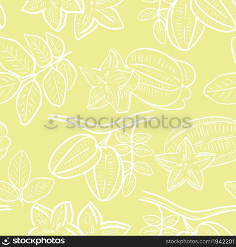 Carambola fruits seamless pattern. Background with sketch of exotic tropical fruits. Template with food for packaging, paper, fabric and wallpaper, vector illustration.. Carambola fruits seamless pattern.