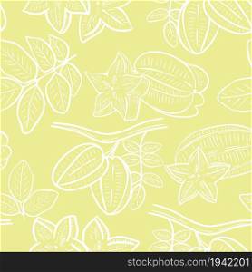Carambola fruits seamless pattern. Background with sketch of exotic tropical fruits. Template with food for packaging, paper, fabric and wallpaper, vector illustration.. Carambola fruits seamless pattern.