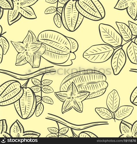 Carambola hand engraved seamless pattern. Background with exotic tropical fruits. Template for wallpaper, packaging, paper and fabric.. Carambola hand engraved seamless pattern.