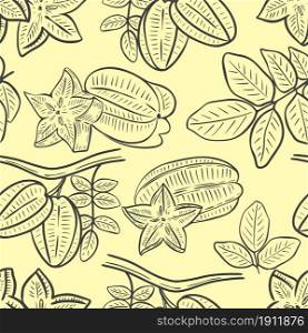 Carambola hand engraved seamless pattern. Background with exotic tropical fruits. Template for wallpaper, packaging, paper and fabric.. Carambola hand engraved seamless pattern.