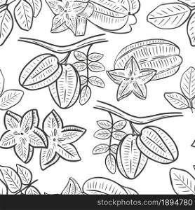 Carambola seamless pattern. Background with whole fruits, star slices and leaves. Sketch, hand drawing exotic tropical food. Vintage Template for wallpaper and packaging, vector illustration.. Carambola seamless pattern vector illustration.