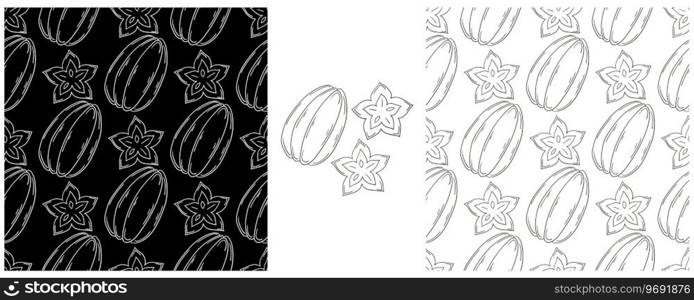 Carambola, Star-fruit. Seamless pattern with tropical fruits. Monochrome Set in hand draw style. Can be used for fabric, packaging and etc. Monochrome Seamless pattern. Set in hand draw style. Can be used for fabric and etc