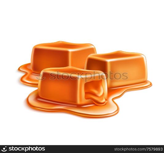 Caramel candles toffee realistic composition on blank background with cubic bars in puddle of liquid caramel vector illustration