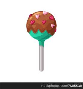 Caramel candy on stick topped by chocolate with hearts isolated. Vector lollipop confectionery snack. Lollipop candy on stick with chocolate isolated