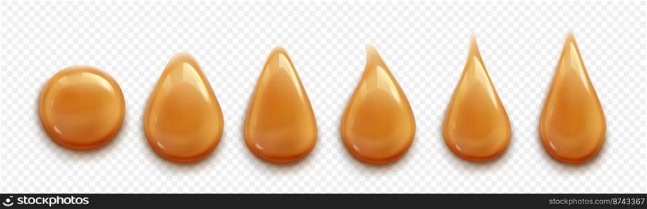 Caramel drops, toffee, sugar caramelization, sweet sauce drips of different shapes isolated on transparent background. Orange or brown glossy fudge or syrup stains, Realistic 3d vector illustration. Caramel drops, toffee, sugar caramelization drips