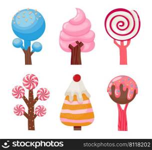 Caramel trees collection, sweet plant made from sugar. Vector caramel candy set, sweet tree collection, cartoon illustration fantasy lollipop. Caramel trees collection, sweet plant made from sugar