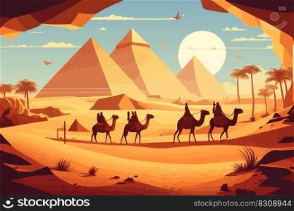 Caravan moving through the pyramids. Vector illustration design.