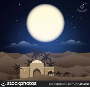 Caravan of camels in sahara. Caravan of camels in sahara. Caravanserai in arabian night desert under moon on sky. Vector illustration