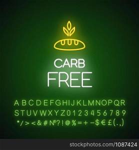Carb free neon light icon. Organic food without added sweetener. Product free ingredient. Diabetes prevention. Glowing sign with alphabet, numbers and symbols. Vector isolated illustration