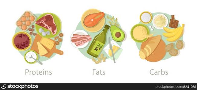 Carbohydrate, protein and fat food set. Vector illustrations of nutrition categories. Cartoon carb fibers in grains, cereal bread, energy meals of meat and eggs isolated on white. Complex diet concept. Carbohydrate, protein and fat food set