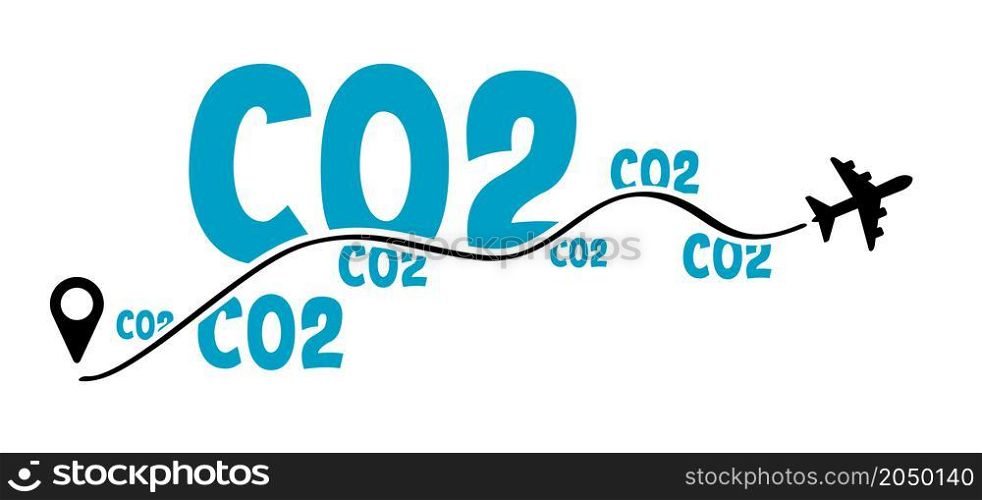 Carbon dioxide emissions. Airplane destination co2 air pollution. Flat vector plane sign. CO2 smog warning.