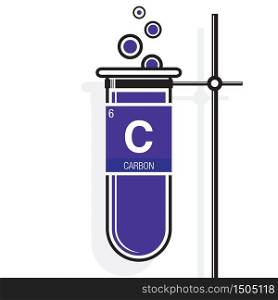 Carbon symbol on label in a violet test tube with holder. Element number 6 of the Periodic Table of the Elements - Chemistry